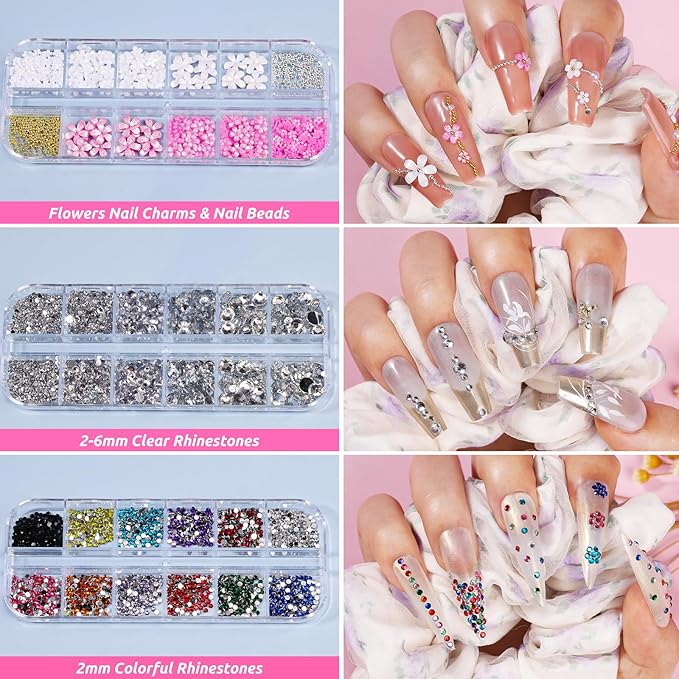 Nail Art Kit for Beginners with Nail Brushes Set and Dotting Tools, Jumbo Holographic Glitter Sequins 2-6mm Rhinestones 3D Pink&White Flowers Metal Studs Colorful Striping Tape with Tweezers (03-Pink)