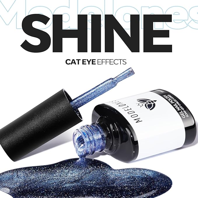 modelones Cat Eye Gel Nail Polish,Blue Glass Nail Polish Sparkle Reflective Glitter Polish Spring Deep Navy Blue Translucent U V Magnet Soak Off LED Nail Art Gel Top Coat DIY Salon 15 ML