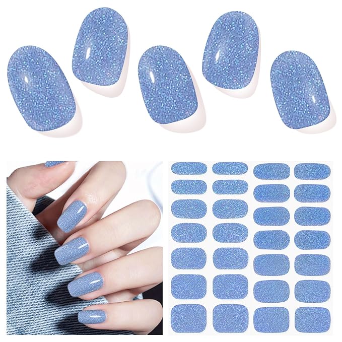 Semi Cured Gel Nail Strips (Glitter Blue), 28 pcs Gel Nail Stickers, Work with Any UV Lights, Long-Lasting NailWraps for Women, Salon-Quality, Easy to Apply & Remove