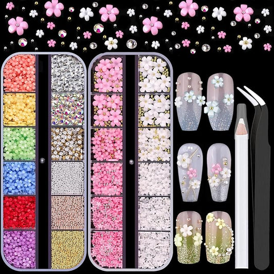 3D Flowers for Nails, Colorful Acrylic Flower Nail Charms with Caviar Beads, Flat Back Glass Crystal AB + Clear Gemstones Round Gems Rhinestones for Nails and Acrylic Nails with Dotting Tools
