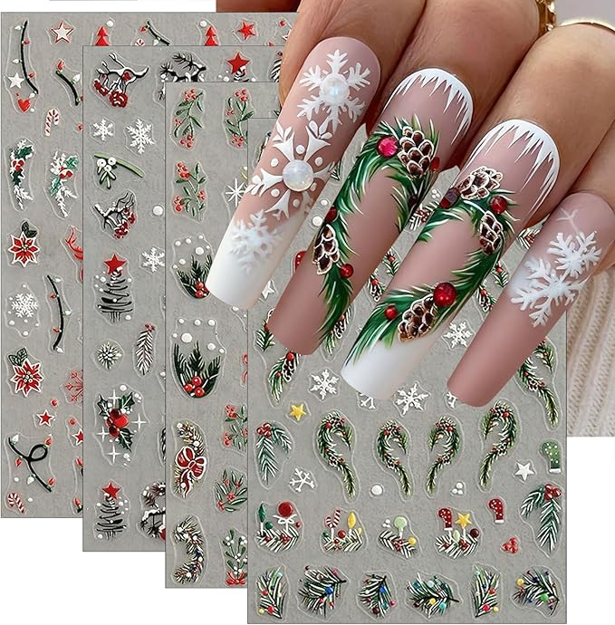 4 Sheets Christmas Nail Art Stickers 5D Embossed Self Adhesive Winter Grass Nail Decals Winter Christmas Tree Elk Snowflake Design Nail Stickers for Women Girls DIY Holiday Manicure Decoration