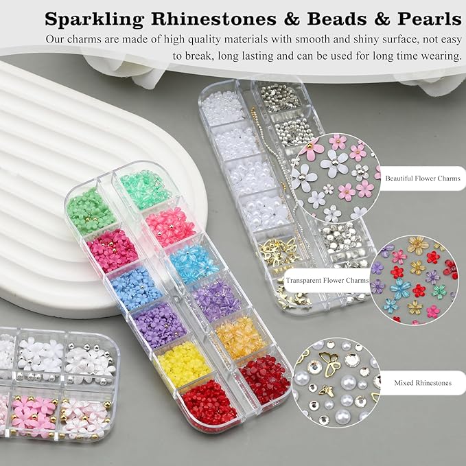 3 Boxes 3D Flower Nail Charms and Gems - Colorful Nail Flower & Metal Butterfly Charms Clear Rhinestones Gemstones Silver/Gold Caviar Beads White Pearls with Nail Chain for DIY Nails (15-S3-Mixed4)