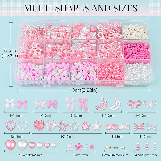 Coquette 3D Nail Charms Design Set - White Pink Nail Bows + Pearl Heart Star Moon Jewels + 3D Flowers and Pearls, With Picker Tools