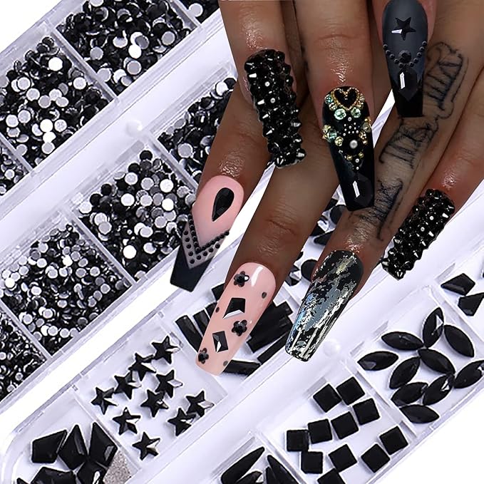 3120Pcs Black Nail Art Rhinestones Crystal,HOINCO 3D Rhinestones Gems Jewels Diamond for Acrylic Nails for Nail Art DIY Crafts with Tweezers and Pen