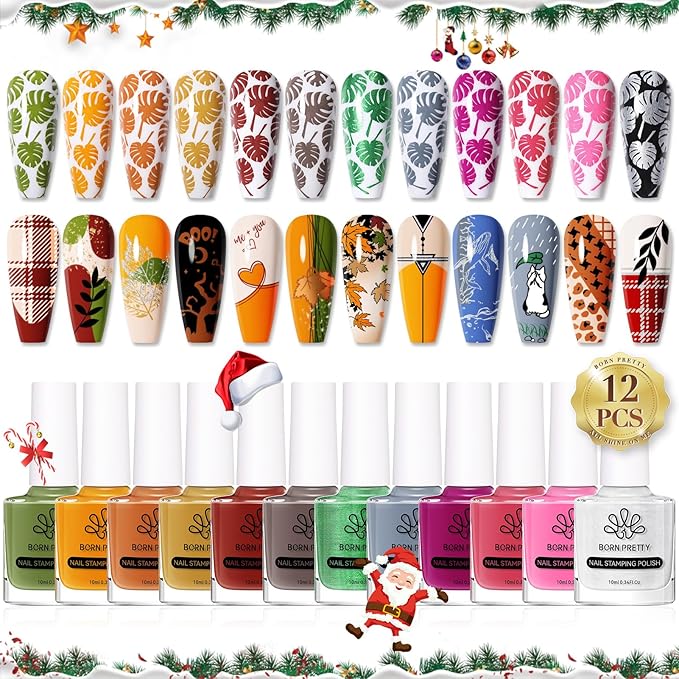 BORN PRETTY Stamping Nail Polish 12Colors Fall Winter Stamping Polish Set for Stamp Nails