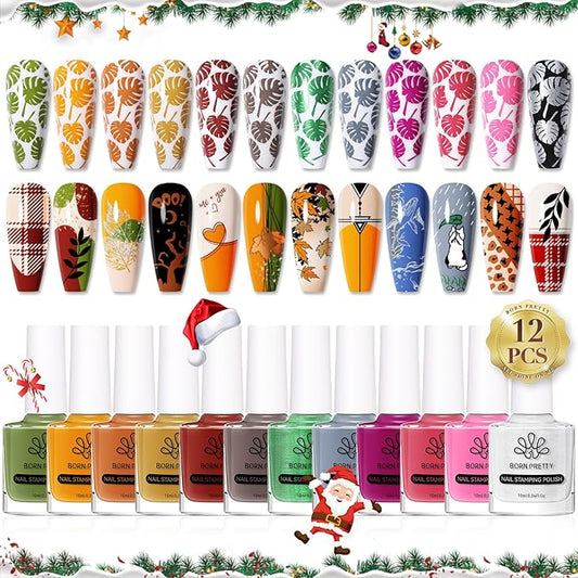 BORN PRETTY Stamping Nail Polish 12Colors Fall Winter Stamping Polish Set for Stamp Nails
