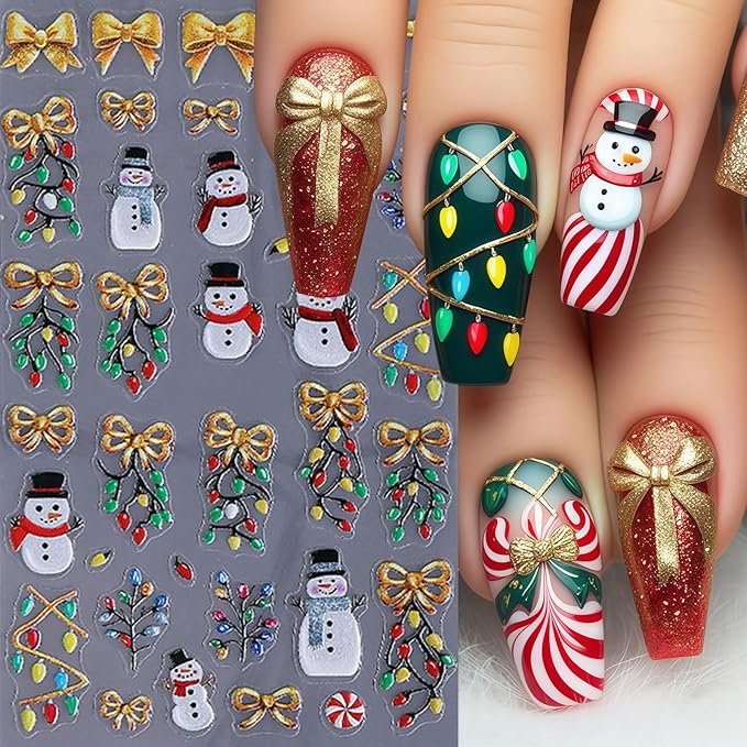 4 Sheets Christmas Nail Art Stickers 5D Micro Relief Gingerbread Man Nail Decals Santa Claus Snowman Snowflake Xmas Tree Nail Design Xmas Light Bow Nail Decor Winter Holiday Manicure DIY Nail Supplies