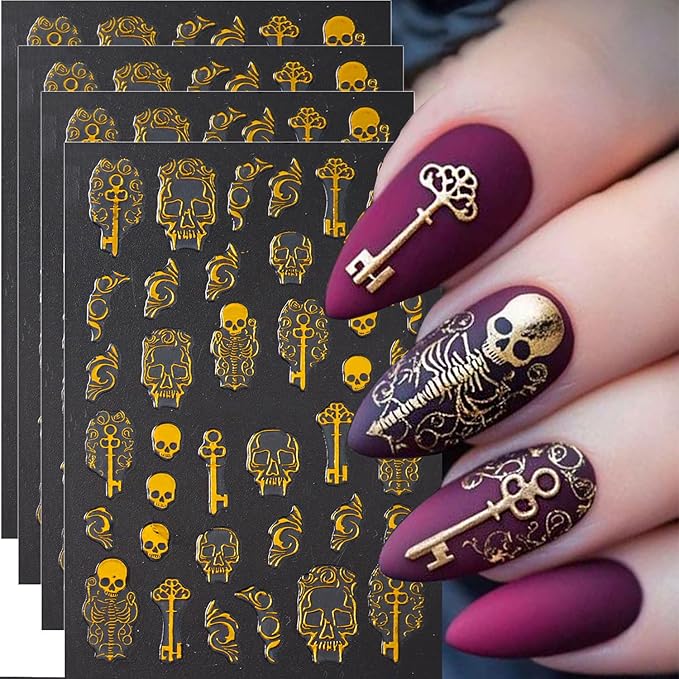 4Pcs Halloween Nail Stickers Gold Skull Nail Decals 3D DIY Self Adhesive Nail Design Sticker Halloween Nail Decoration Supplies Holiday Manicure Accessories for Women Girls
