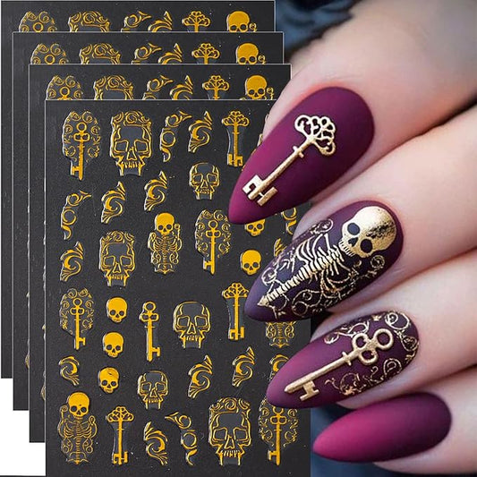 4Pcs Halloween Nail Stickers Gold Skull Nail Decals 3D DIY Self Adhesive Nail Design Sticker Halloween Nail Decoration Supplies Holiday Manicure Accessories for Women Girls
