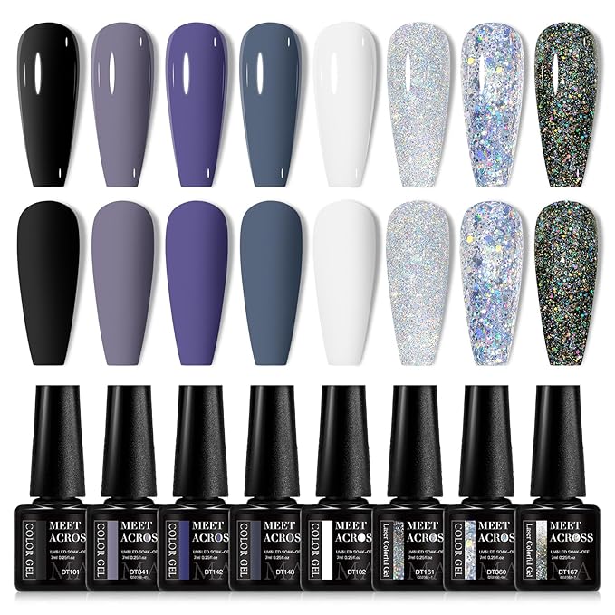 MEET ACROSS Grey Gel Nail Polish Set 8 Colors, Black White Gray Tone Glitter Sliver Gel Nail Polish Kit for All Seasons Soak Off Gel Nail Manicure Gifts Set for Women