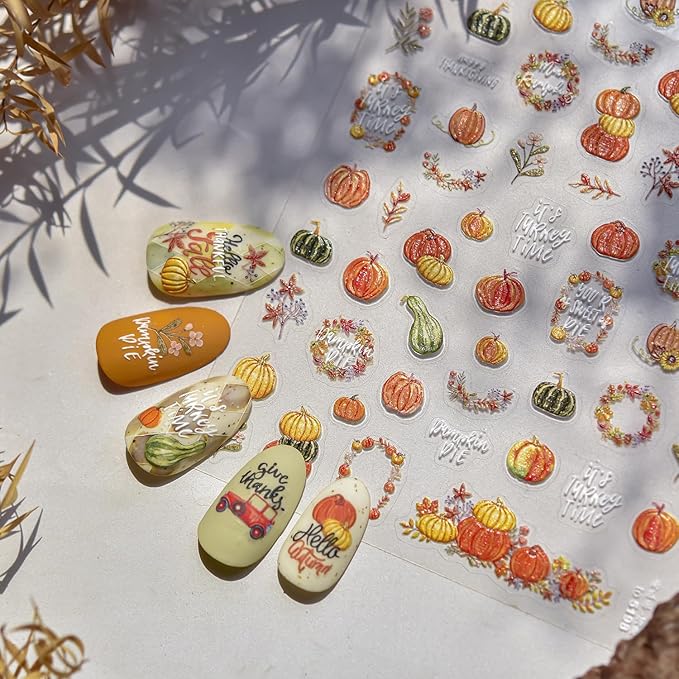1 Sheet Fall Nail Stickers 5D Embossed Maple Leaves Nail Stickers for Nails Thanksgiving Day Pumpkin Nail Decals Fall Leaf Garland Nails Supplies Autumn Leaves Pumpkin Design Sticker for Women