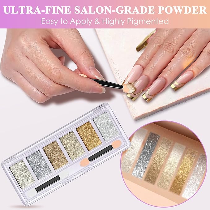 Gold Silver Chrome Nail Powder, 6 Colors Holographic Unicorn Iridescent Nail Chrome Powder, Metallic Mirror Effect Light Gold Champagne Chrome Powder Palette Pigment Glitter for Nail Art