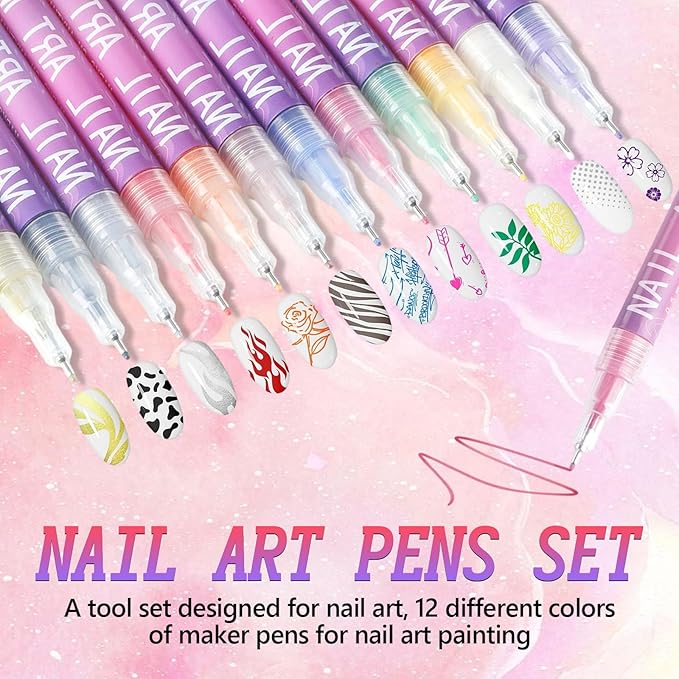 12 Colors Nail Art Pens Set, 3D Quick-Dry 0.5MM Nail Polish Pens, 2025 DIY Nail Art Marker Graffiti Dotting Pen for Nails Art Design Manicure Nail DIY Decoration (B)