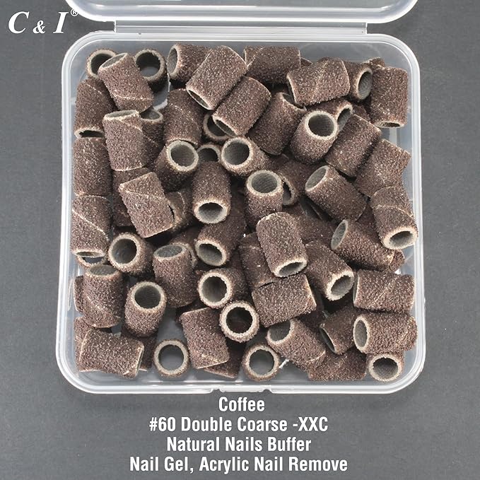 C & I Nail Sanding Bands 100 PCS Plus Upgrade Mandrel 1 PC, Nail Drill Bits for Acrylic Gel Nails Remove, Natural Nails Buffer for Nail Prep and Nail Shiner (Coffee, #60 Double Coarse)