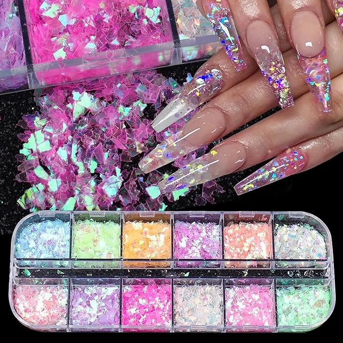 12 Grids Flaky Nail Art Glitter Sequins 3D Holographic Acrylic Nail Art Flakes Irregular Mermaid Nail Glitters Colorful Fluorescent Glass Paper Nail Sequins Women Party DIY Nail Beauty Accessories