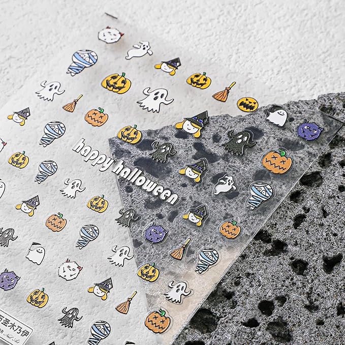 Halloween Nail Stickers for Nail Art - Cute Ghost Nail Art Sticker Bat Witch Hat 5D Embossed Nail Decals Self-Adhesive Nails Supply Manicure Stickers for Nails Decoration (Happy All Saints' Day)