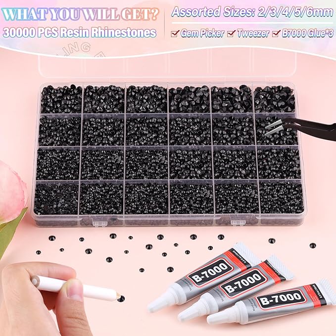 30000Pcs Resin Black Rhinestones for Bedazzling Crafting with b7000 Jewelry Glue, Bulk Flatback Gems Bedazzler Kit for Crafts Clothes Shoes Fabric Nail Diamond Art, Assorted Size 2/3/4/5/6mm