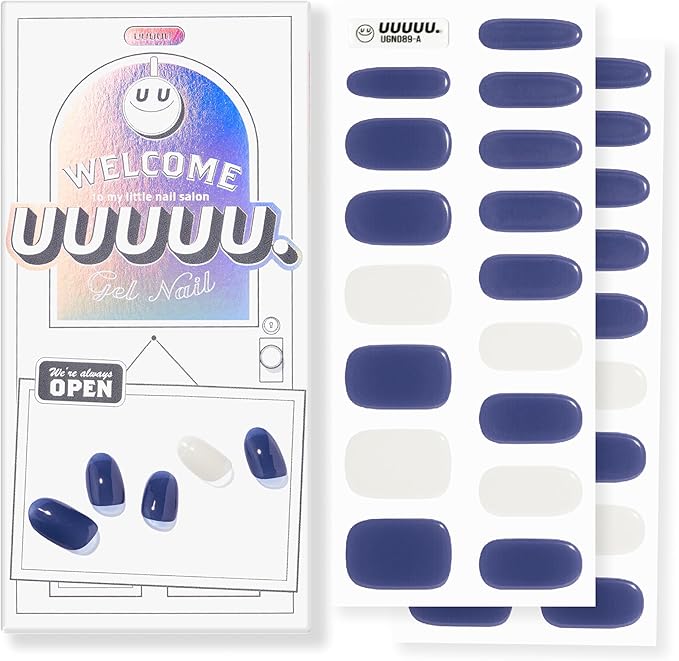 UUUUUU Semi Cured Gel Nail Strips | Salon-Quality | UV Free Gel Nail Wraps for Women | Easy Peel&Stick | Long-Lasting up to 14 Days | 28 Strips Set+File & Wipes | Gift-Ready (UGN089-Midnight)