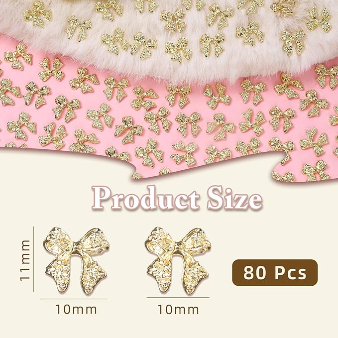 80 Pcs Gold 3D Bow Metal Nail Charm, Luxury Shiny Bows Nail Jewelry Charms for Alloy Nails, DIY Crafts