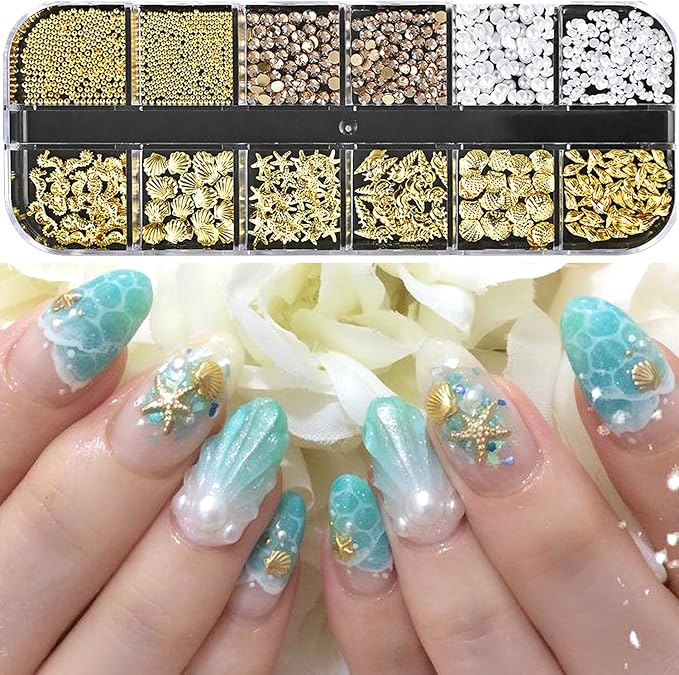 12Grids Summer Metal Nail Art Charms 3D Gold Starfish Shell Conch Nail Charms Sparkly Golden Rhinestone Seahorse Nail Art Jewelry White Pearls Nail Jewelry Ocean Theme Designs Nails Supplies for Women