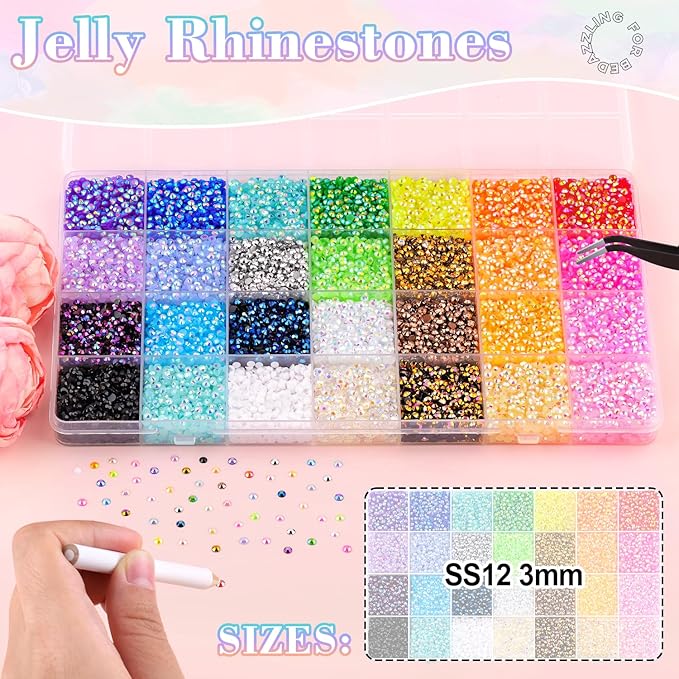 32000Pcs Resin Rhinestones with 3Pcs B7000 Jewelry Glue for Crafting, Multicolors 3mm Non Hotfix Flatback Gems, Bedazzling Crystal for DIY Crafts Clothing Tumblers Mugs Shoes Fabric Decor Nail Art