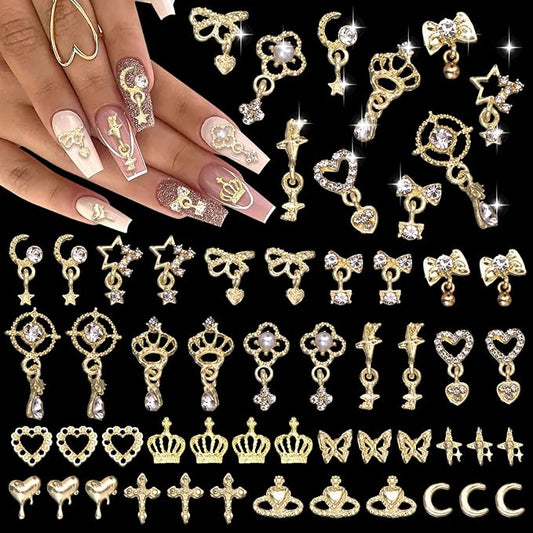 100 Pcs Gold Nail Charms and Gems, Gold Dangle Star Bows Nail Gems Charms, Metal Crown Heart Butterfly Charms for Acrylic Nail Art Alloy Cross Nail Charms for Women DIY Accessories