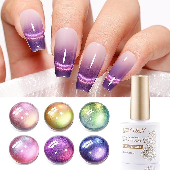 GELLEN 9D Cat Eye Gel Nail Polish, 6 Colors Magnetic Cat Eye Gel Polish Set with Magnets, Purple Blue Pink Yellow Green Holographic Galaxy Nail Polish, Glitter UV Gel Nail Kit for Salon Home Nail Art