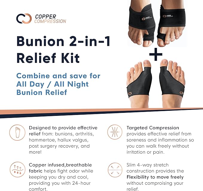 Copper Compression Bunion Relief Kit - Includes 1 Pair Each of Bunion Corrector Cushion Sleeves & Bunion Corrector Toe Splints - Pads & Straightens Bunions, Feet for Men & Women - Small/Medium