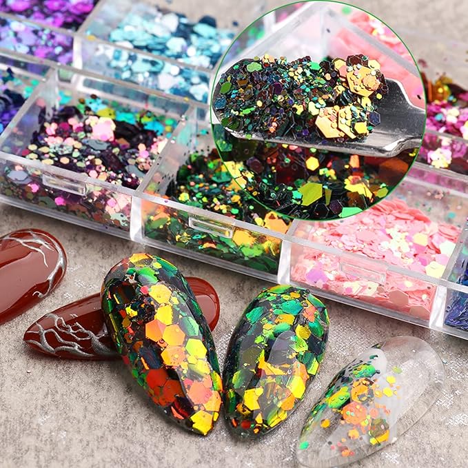 Chameleon Glitter Nail Art Sequins, Holographic 3D Laser Gradient Nail Glitter Flakes Design, UV Gel Shiny Glitters Powder Accessories for Women Manicure Mermaid Decorations DIY Sparkly Nail Art Tips