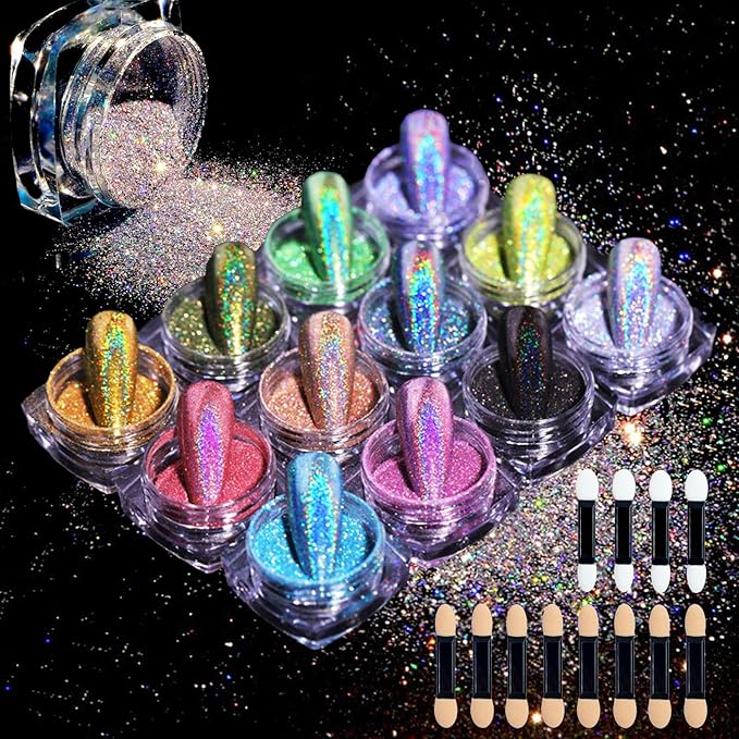 12 Jars Holographic Nail Powder, Chrome Nail Powder Kit Black Blue Ultra Fine Glitter Powder Set, Rainbow Neon Pigment Manicure Glitter Dust with 12 Pcs Dual Sides Sponge Applicators
