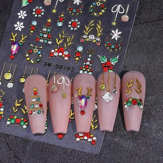 5D Embossed Christmas Nail Stickers for Nail Art - Gold Glitter Nail Art Stickers Xmas Tree Elk Deer Nail Decals Cartoon Nail Supplies for Women DIY Christmas Decorations 2 Sheets