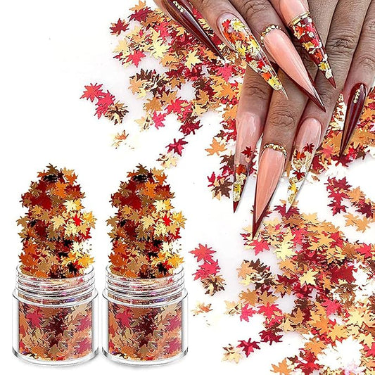 Nail Art Maple Leaf Flake 20gram Glitter Fall Leaves Metallic 3D Maple Leaf Shaped Red Yellow Orange Mixed Design Confetti -Maple Spangles for Women Girls Manicure Kit Decorations (2 Pot)
