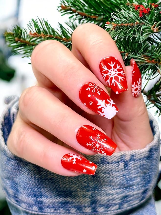 | 20 Exquisite Gel Nail Polish Strips w/Application Accessories - No UV/LED Lamp Required (Holiday | White Snow Flakes & Red)
