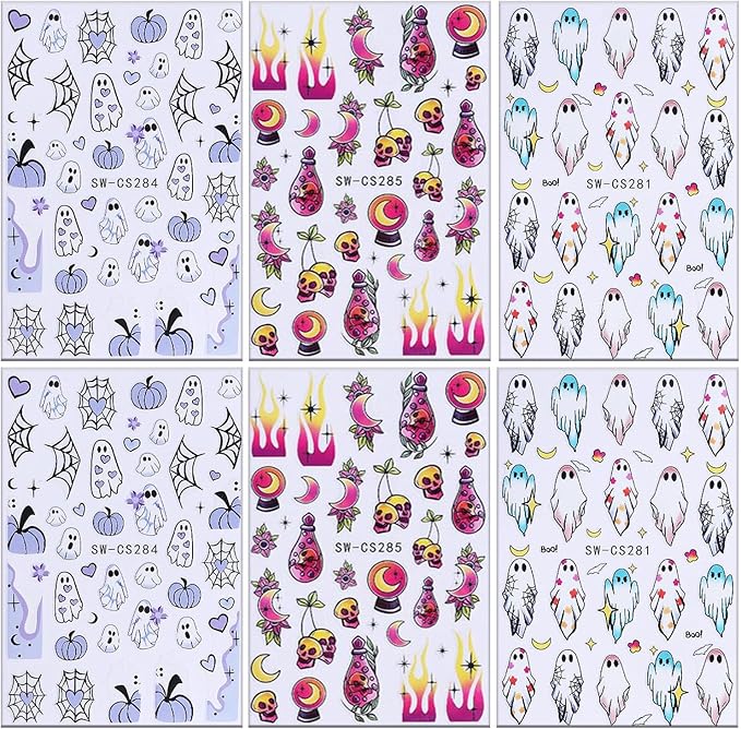 6 Sheets Halloween Nail Art Stickers 3D Self -Adhesive Cute Ghost Pumpkin Nail Decals Holographic Heart Spider Web Skeleton Flame Nail Stickers Halloween Nail Decoration for Women Manicure Supplies