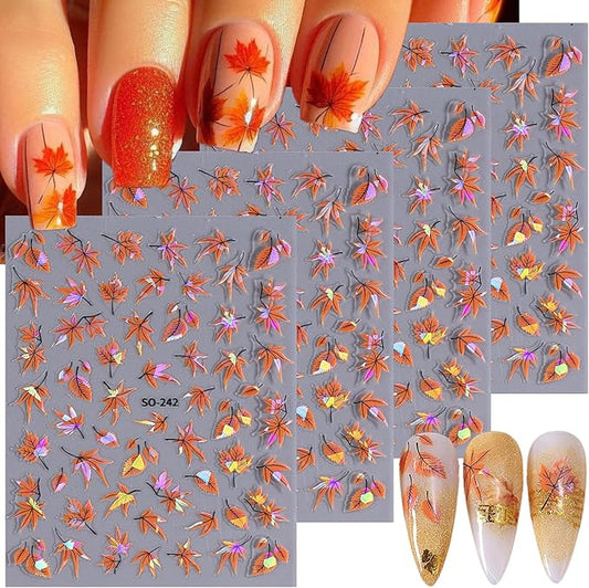 Laser Maple Leaf Nail Art Stickers Decals Holographic Glitter Self-Adhesive Fall Nail Decals Design Thanksgiving Maple Leaf Nail Stickers for Nail Art DIY Manicure Autumn Nails Decoration 4 Sheets
