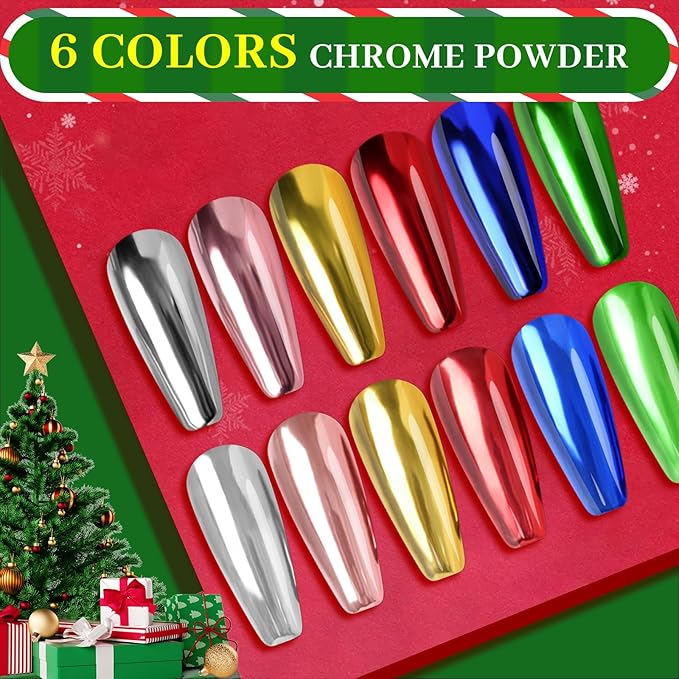Christmas Red Green Chrome Nail Powder, DRMODE 6 Colors Gold Silver Mirror Metallic Effect Nail Chrome Powder, Blue Rose Gold Champagne Colored Chrome Powder for Nails Palette Pigment for Nail Art
