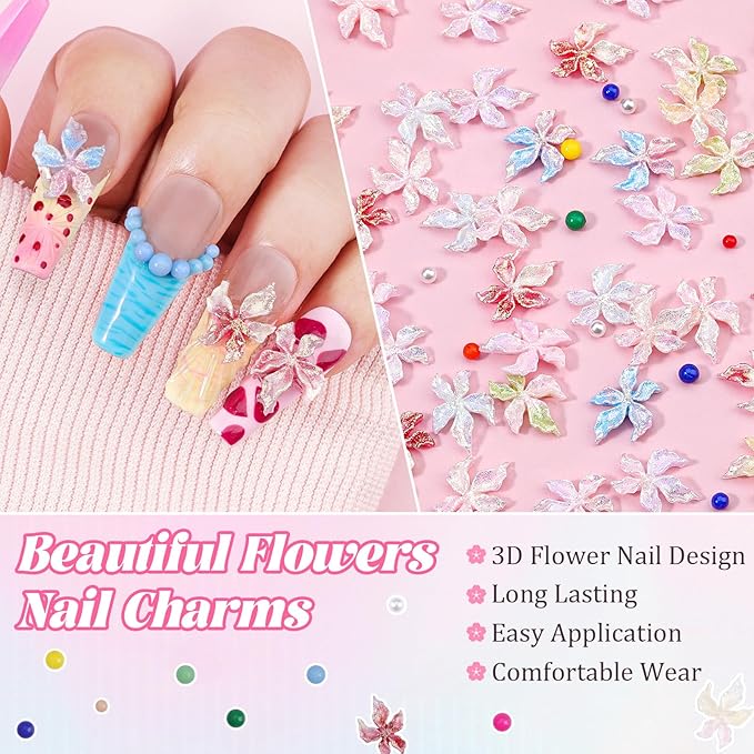 300Pcs Flower Nail Charms Kit, 100Pcs 3D Embossed Luminous Hibiscus Flowers Charms and 100Pcs Nail Pearls with 100Pcs Macaron Beads, Colorful Hawaii Floral Mini Gems Round Beads for Nails DIY