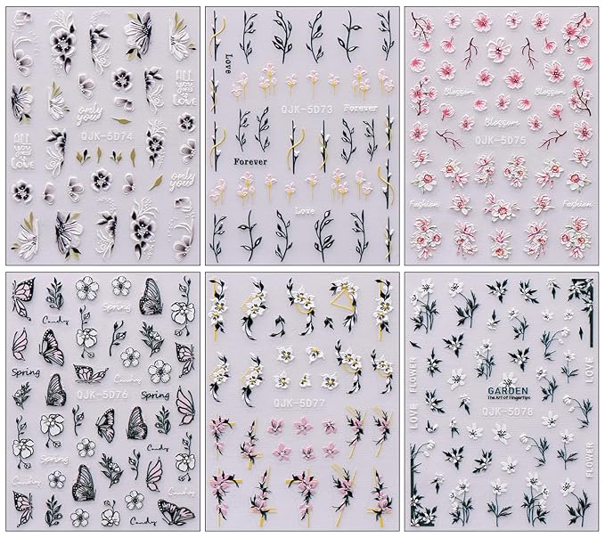 JMEOWIO 6 Sheets 3D Embossed Spring Flower Nail Art Stickers Decals Self-Adhesive Pegatinas Uñas 5D Colorful Summer Leaf Floral Nail Supplies Nail Art Design Decoration Accessories