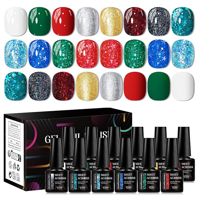 MEET ACROSS 12PCS Gel Nail Polish Set, 12 Colors Gel Nail Kit Art Design Soak Off UV LED,Nail Art Design Gifts for Women (Red Green, 12PCS)