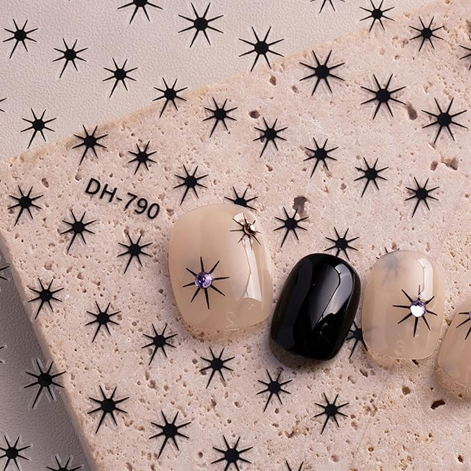 12 Sheets Star Nail Stickers Gold Silvery Nail Decals for Nails Art Black White Design Nail Supplies 3D Self-Adhesive Nails Decoration for Women