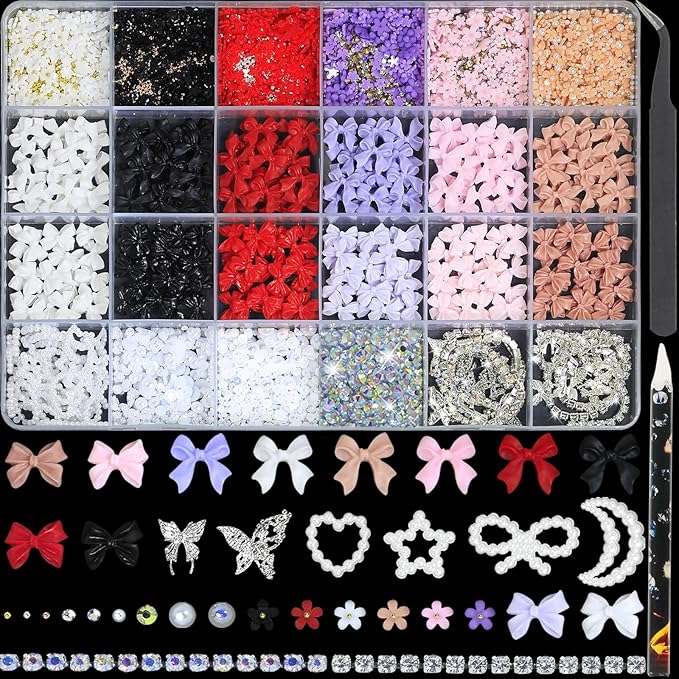 HNUIX Bow Nail Charms - 3D Multiple Colors, Butterfly, Flower, Pearls, Flat Back Rhinestones, with Kit, for Nail Art