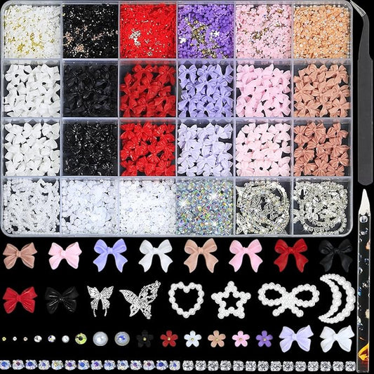 HNUIX Bow Nail Charms - 3D Multiple Colors, Butterfly, Flower, Pearls, Flat Back Rhinestones, with Kit, for Nail Art