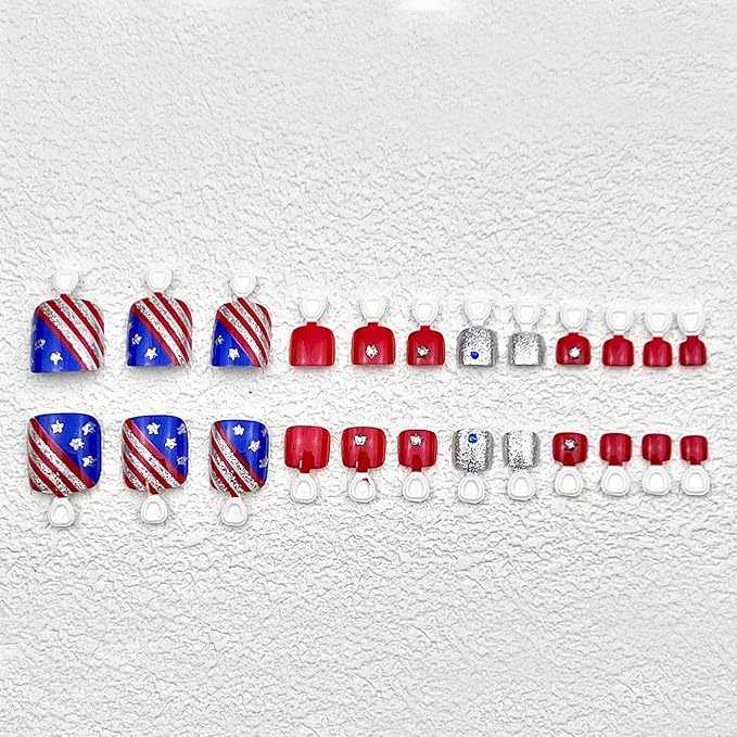 Independence Day Glitter Stripe Press-On Toenails Short Square False Toenails July 4th Blue Rhinestone Patriotic Star Design for Women Girls Independence Day Nail Art Decorations 24 Pieces