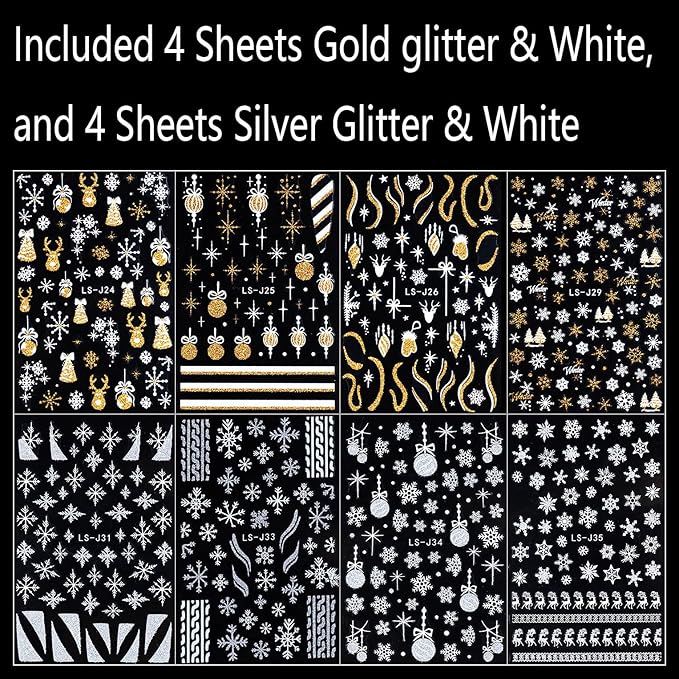 8 Sheets Christmas Glitter Nail Art Stickers Decals Self-Adhesive Pegatinas Uñas Holiday Gold Silver Reindeer Line Snowflake Nail Supplies Nail Art Design Decoration Accessories