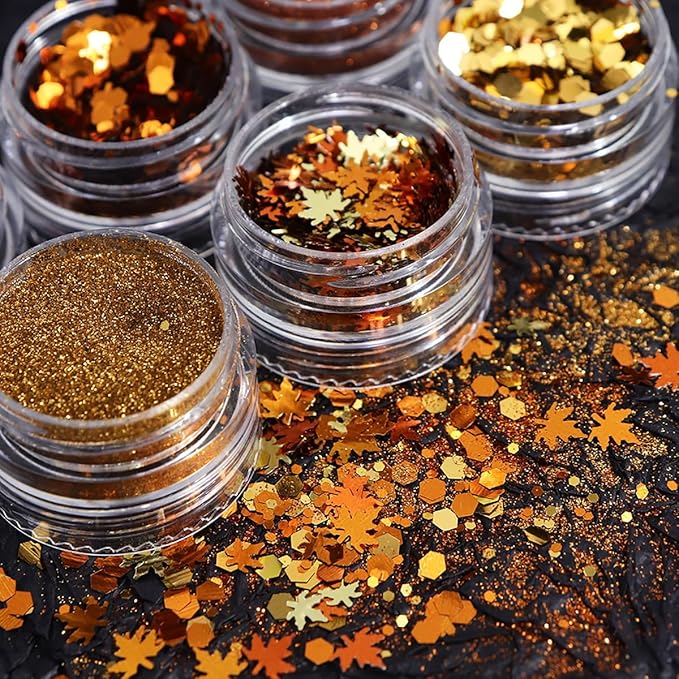 Golden Fall Nail Art Glitters Maple Leaf Nail Sequins Autumn Leaves Nail Decoration Accessories 3D Maple Leaves Nail Decals Professional Fall Nail Designs for Women Manicure DIY 6 Jars