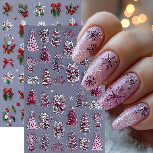 3 Sheets Christmas Nail Art Stickers 5D Micro Embossed Red Bow Holly Leaf Nail Decals Winter Purple Christmas Tree Snowmen Snowflake Design Santa Hat Nail Supplies for Women Holiday Manicure DIY