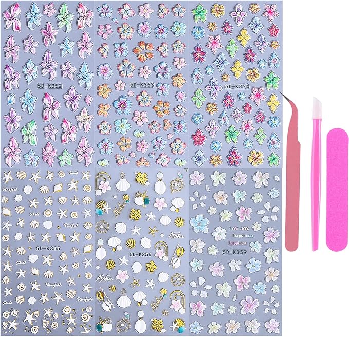 Flower Stickers for Nails Art 6 PCS 5D Hibiscus Nail Decals with 3pcs Tweezers Manicure Tools Colorful Lily Flowers Designs Self-Adhesive Hawaiian Floral Engraved Nail Art Decoration for Women Girls