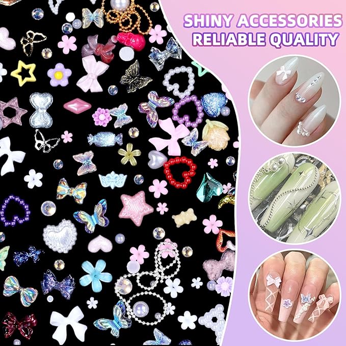 3D Nail Charms Set, Color Flower Bow Moon Heart Star Nail Art Charms, Half Round Pearl & Flatback Gems AB, Hollow Butterfly Alloy Nail Art Supplies DIY Accessories