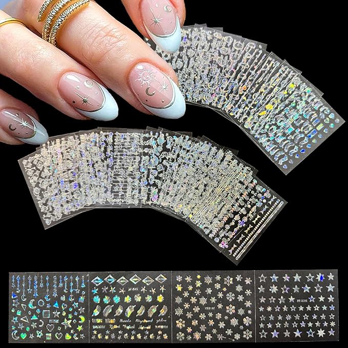 30 Sheets Silver Nail Art Stickers Aurora Star Moon Nail Decals 3D Self-Adhesive Holographic Line Nail Stickers Laser Heart Letter Snowflake Leaf Nail Supplies for Women Girls Manicure DIY