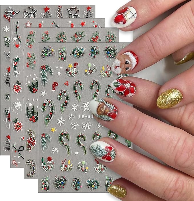 4Pcs Christmas Nail Art Stickers 5D Embossed Nail Decals Winter Christmas Tree Elk Snowflake Nail Art Design Self Adhesive Nail Supplies for Women DIY New Year Xmas Holiday Nail Decoration Accessories